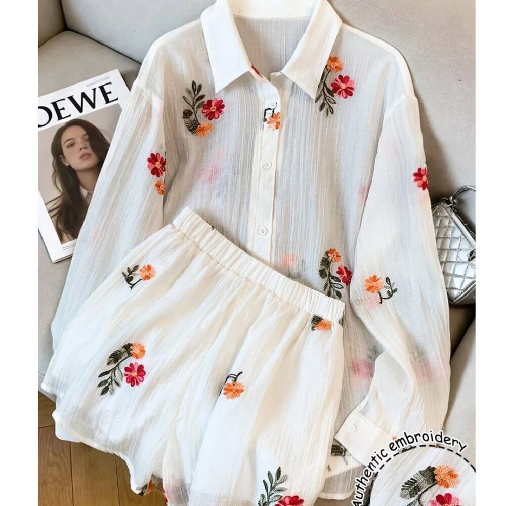 Boho Women's Casual Floral Embroidered Long Sleeve 2-Piece Set